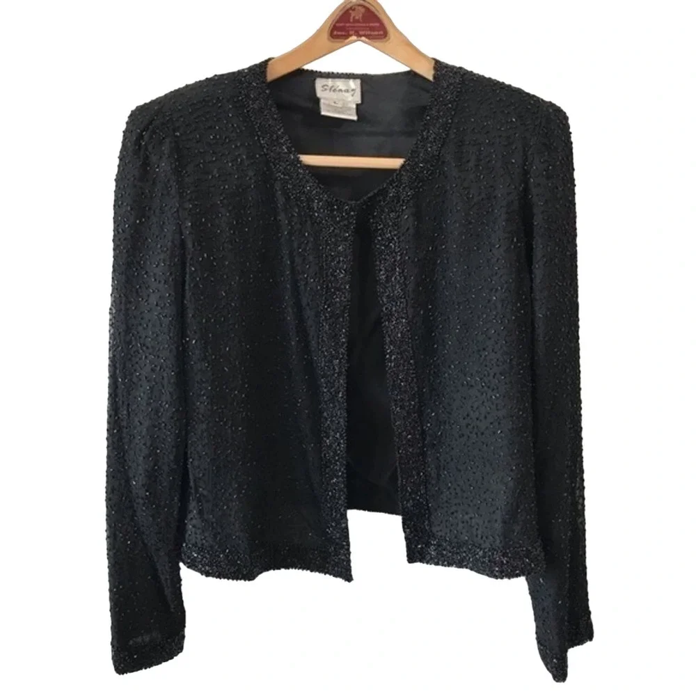 🔥Silk Beaded Jacket Sz Large Stenay Vintage Black Formal Blazer 90s Fancy - Picture 1 of 9